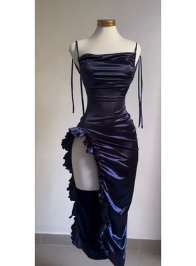 Lace up backless camisole slit dress系带露背吊带开叉连衣裙女