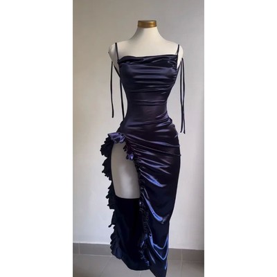 Lace up backless camisole slit dress系带露背吊带开叉连衣裙女