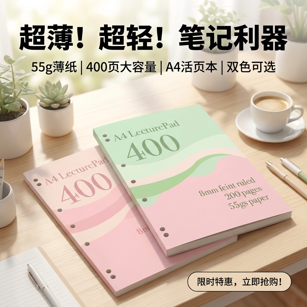 美式薄脆本子学生考研超厚分栏草稿练习本子A4横线薄脆本笔记本