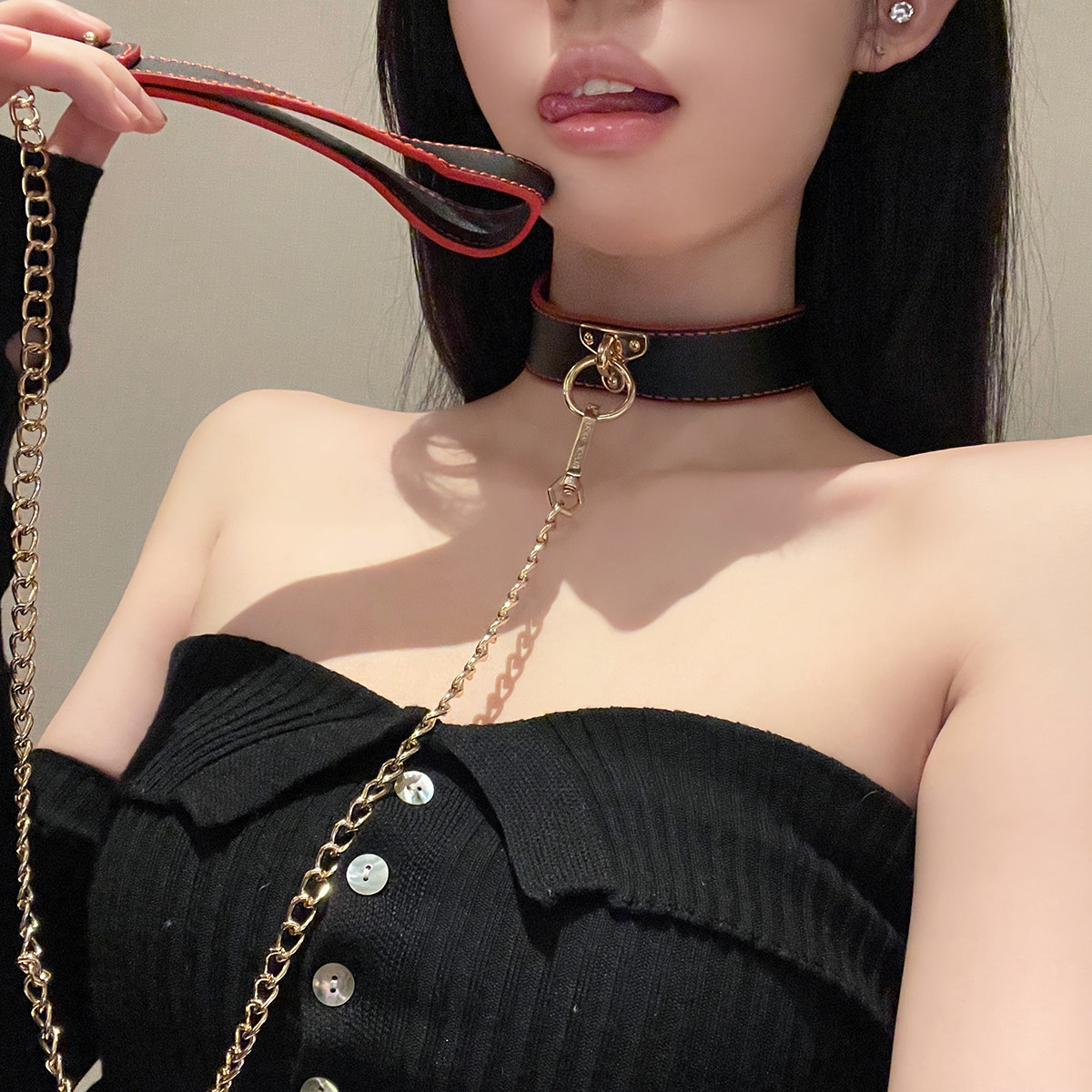 人饰间：黑红真皮项圈女Puppy圆环T型k9牵引绳狗炼choker颈带链子