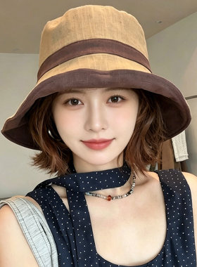 亚麻渔夫帽女夏双面戴拼接百搭盆帽可扎马尾气质卷边显脸小渔夫帽