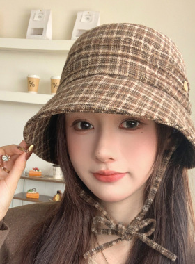韩版ins风格纹水桶帽女秋款可调节防风帽高级感风气质遮阳太阳帽