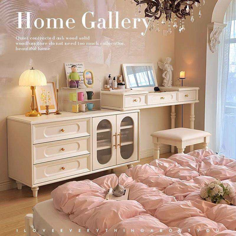 奶油风白色化妆桌法式实木化妆梳妆台斗柜一体卧室床尾柜美式小户