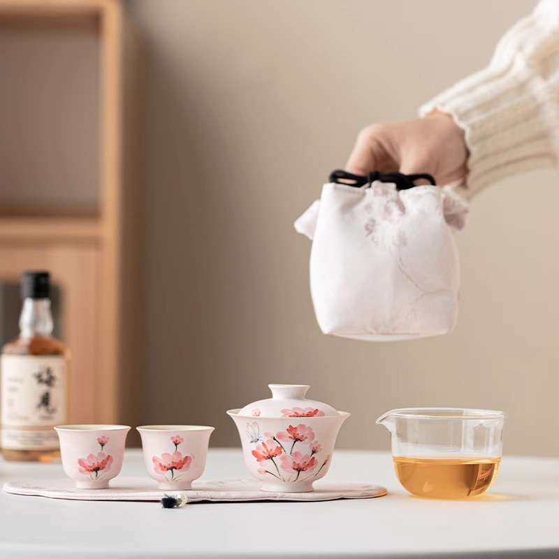手绘虞美人便携式盖碗旅行茶具女士随身快客杯一壶两杯外出携带