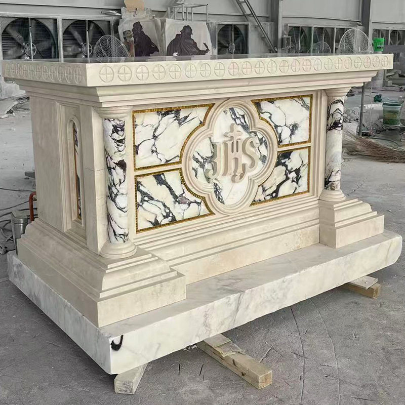 西班牙米黄读经台汉白玉祭台大理石教堂圣物圣餐桌晚餐浮雕石桌