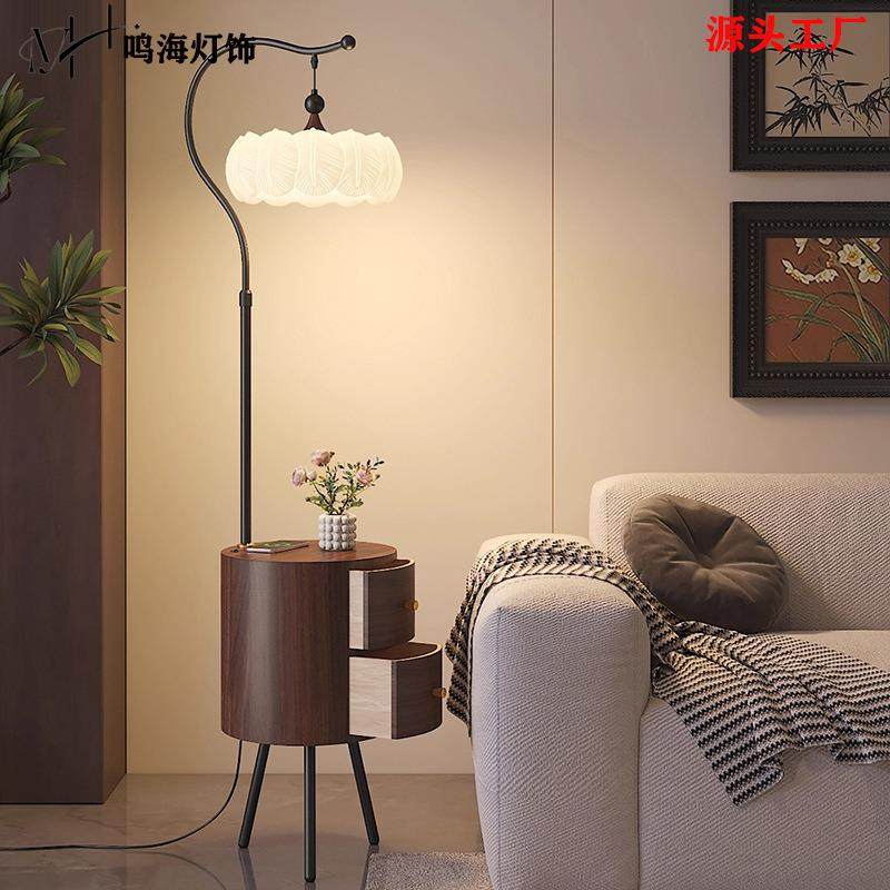法式中古风落地灯复古客厅沙发边护眼灯卧室收纳置物床头柜一体灯