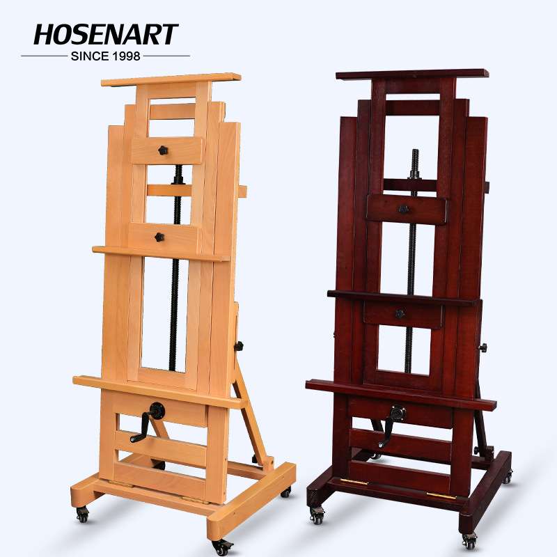 榉木质实木双摇杆手摇大型油画画架落地可前倾后仰木制可升降专业