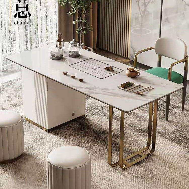 意式轻奢岩板茶台茶具套装办公室会客厅桌椅组合现代简约大板茶桌