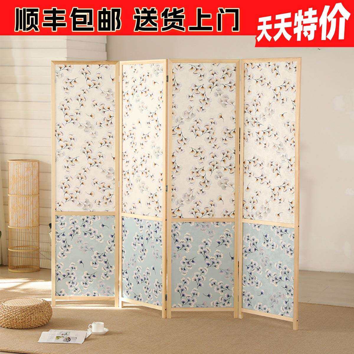 实木布艺屏风隔断现代简约时尚移动折屏座屏玄关家用办公屏风帘J^