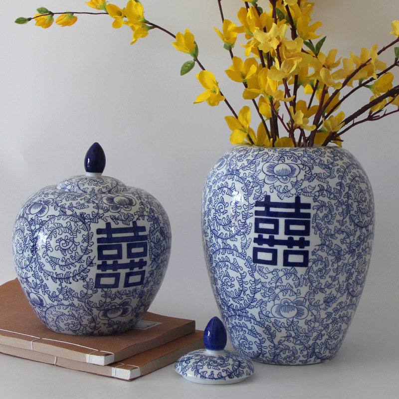 青花瓷喜字陶瓷花瓶中式陶瓷花瓶花盆插花复古摆件新房储物罐带盖
