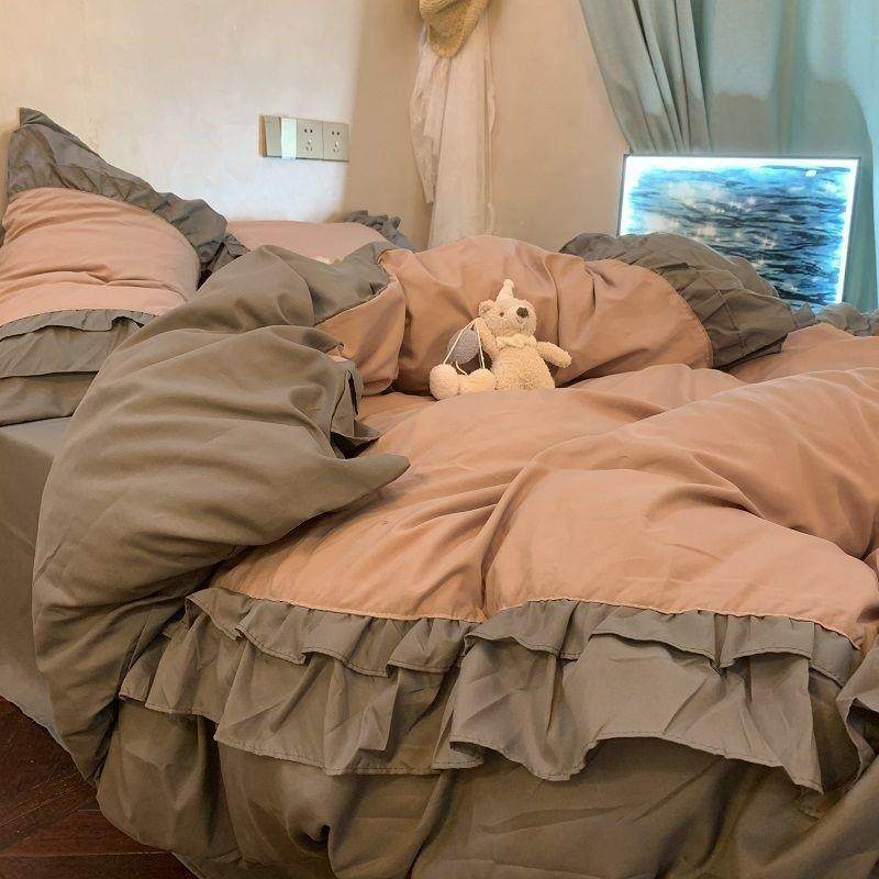 公主风粉色被套水洗棉床品四件套柔软亲肤床单被单三件套