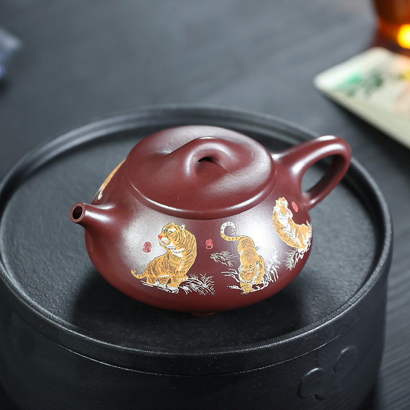 批发宜兴紫砂壶家用大品300cc石瓢茶壶茶具手工泥绘五福临门单壶