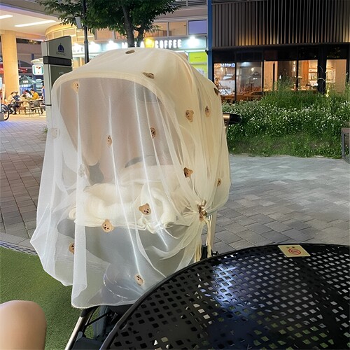 婴儿推车蚊帐防蚊网小熊白色长款婴童防摔蚊帐户外透气防晒新款