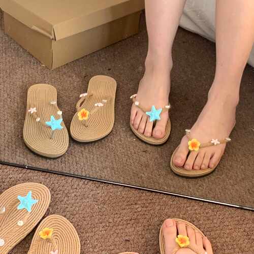 海星草编人字拖女夏海边度假风沙滩鞋防滑平底凉拖鞋夏日度假风