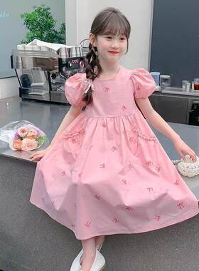 女童夏装2025新款蝴蝶结连衣裙洋气中大童裙子小女孩泡泡袖公主裙
