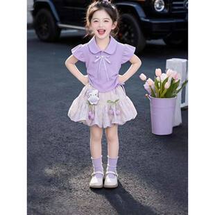 女童夏季甜美娃娃领蝴蝶结短袖上衣碎花裙两件套洋气时尚中大童装