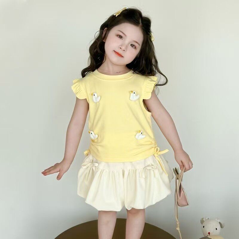 甜美韩版女宝宝套装夏短袖可爱卡通韩版上衣T恤花苞短裤裤裙女孩