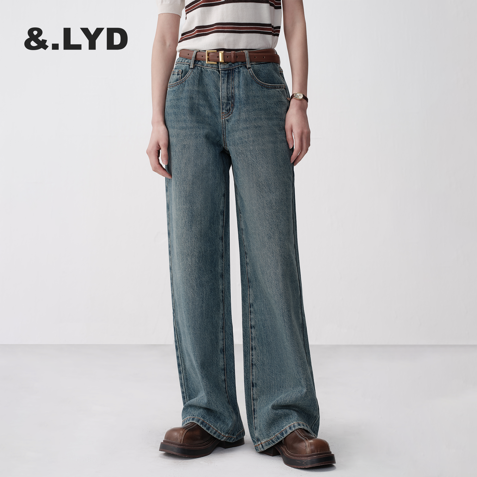 ANDLAYERED宽松直筒牛仔裤女高腰2025春秋新款复古做旧阔腿裤长裤