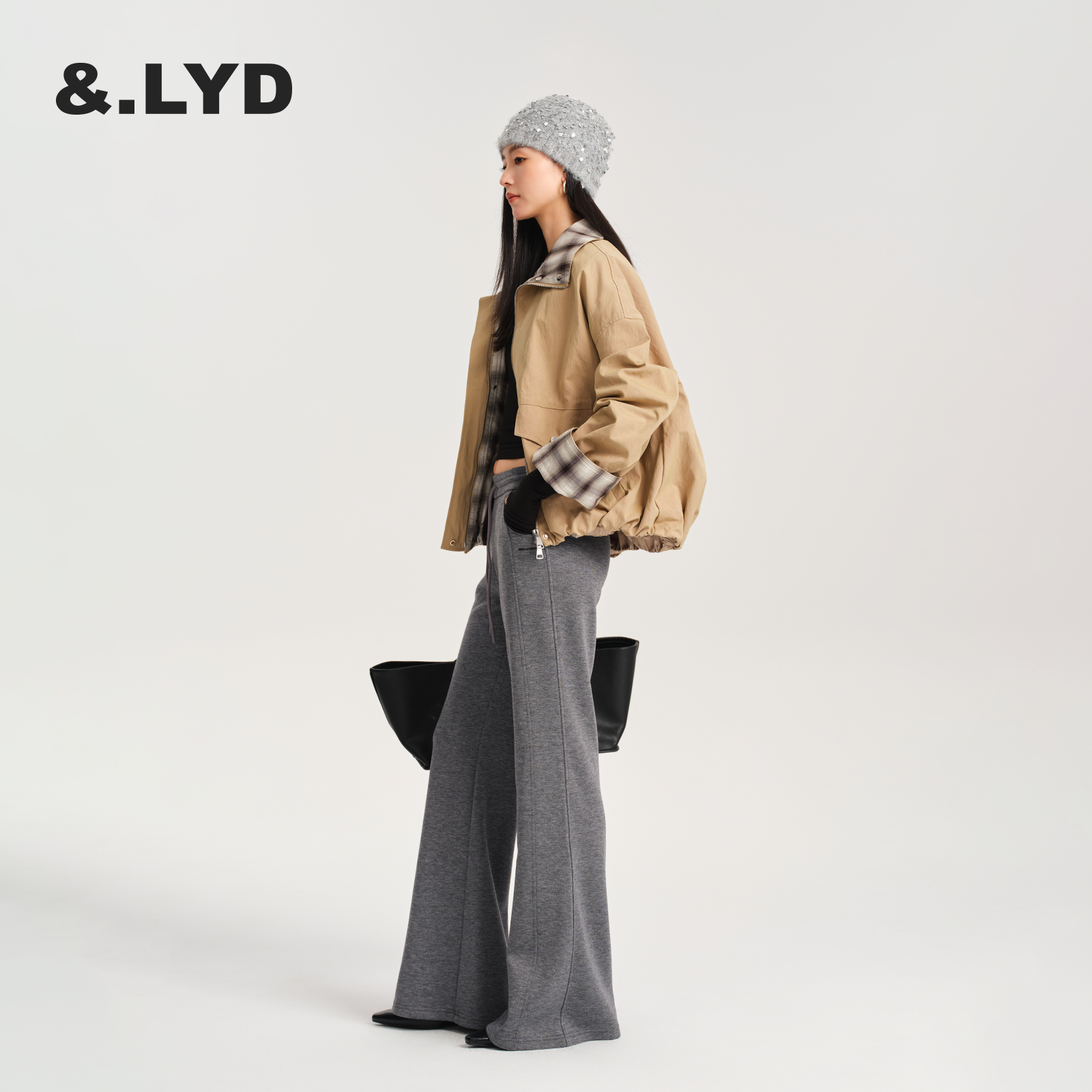 LYD高腰抽绳灰色微喇长裤喇叭裤