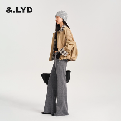 LYD高腰抽绳灰色微喇长裤喇叭裤