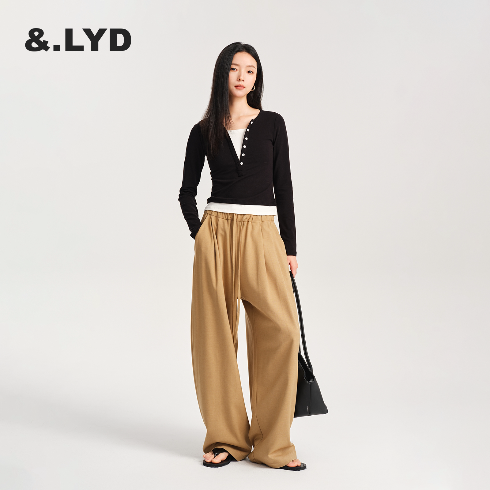 ANDLAYERED高腰抽绳休闲宽松阔腿裤气球裤春夏流行卡其色裤子长裤