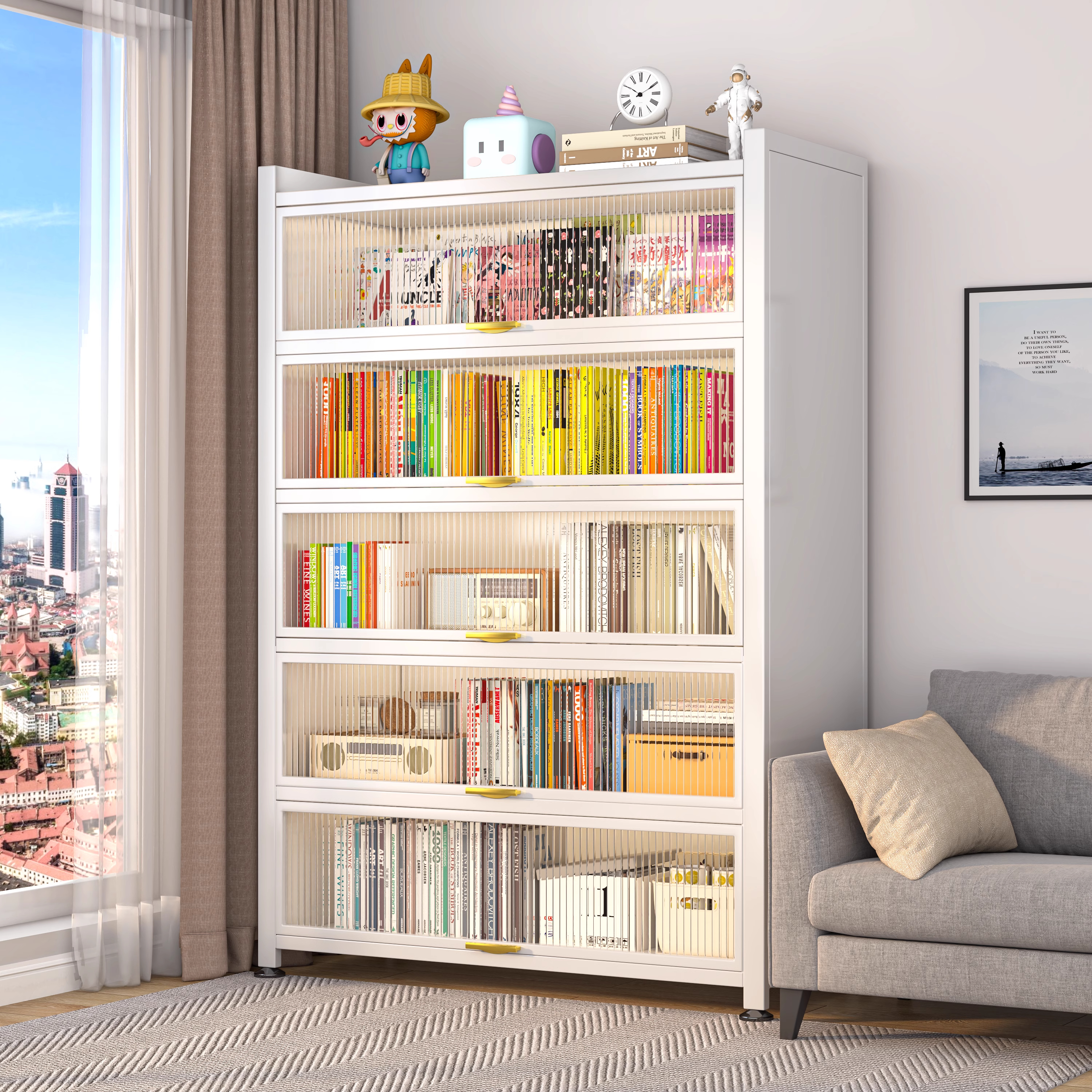 钢制书架带门一体书柜落地防尘铁皮模型展示柜家用收纳柜收纳柜子