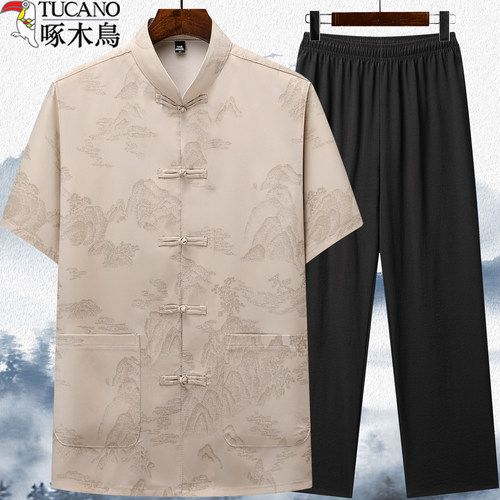 啄木鸟唐装高端男士短袖中老年人夏季爸爸套装衬衫爷爷衬衣桑蚕丝