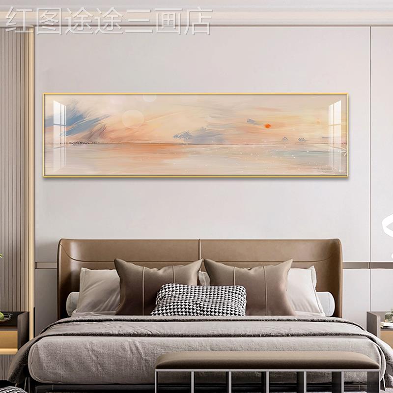 网红风卧景卧室床头挂现代简约横装饰画轻画奢创意晶瓷版画壁别墅图片