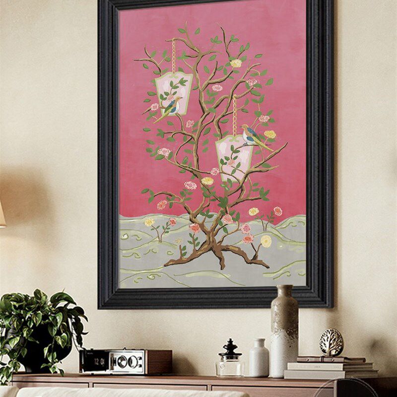 法式中古风植f物花卉挂画客厅餐厅粉色装饰画玄关过道小众手绘油