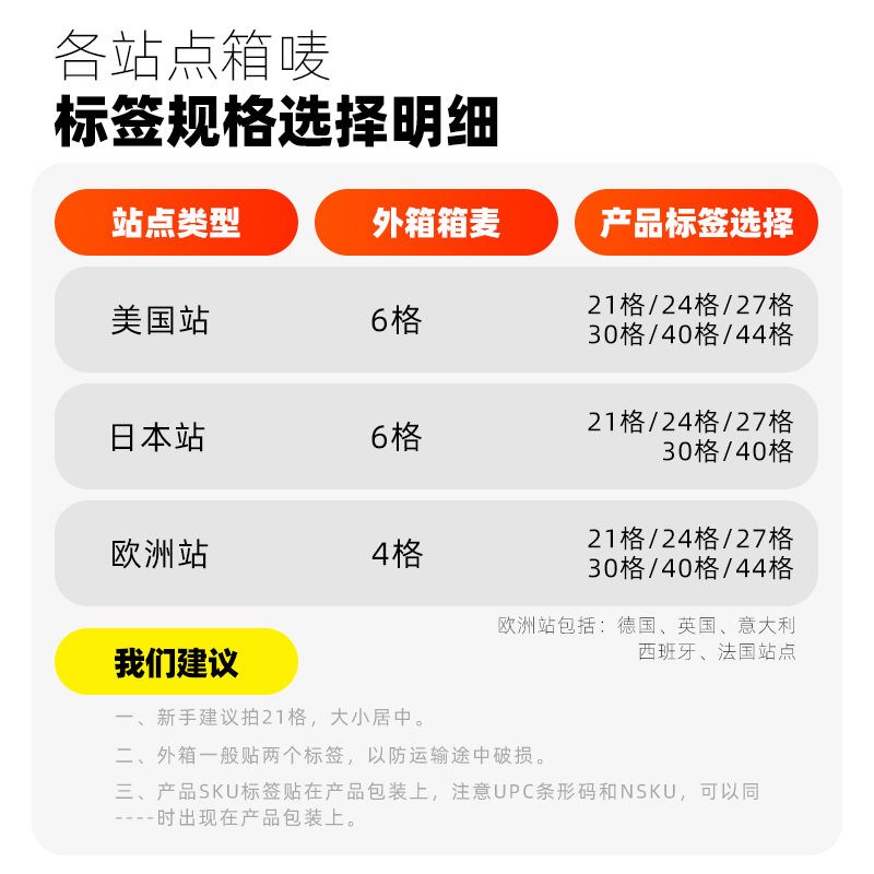 fba签纸4 6外箱箱唛u21 24 27 30 40 44格A