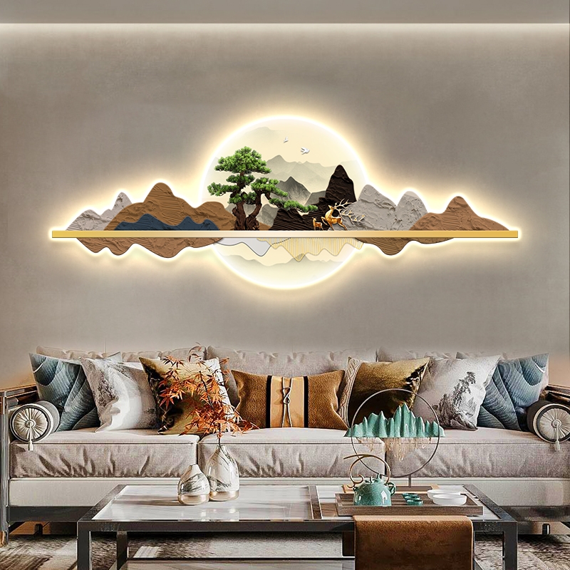 迎客松新中式沙发背景墙壁灯客y厅挂画带LED氛围灯横版不规则壁画