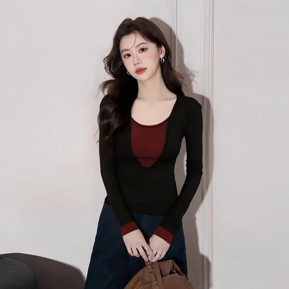 拼色假两件U领T恤女内搭