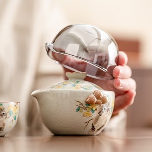 米黄汝窑快客杯手抓壶一壶二杯喝茶装 户外旅行茶具泡茶 H备便携式