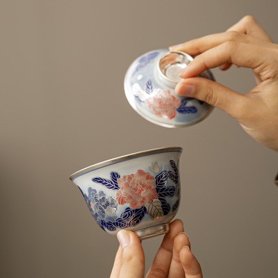国礼牡丹鎏银二i才盖碗家用高颜值精致泡茶碗单个陶瓷中式功夫茶
