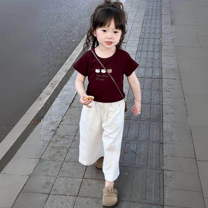 女宝夏季炸街套装2025新款儿童洋气KT猫咪T恤时髦白色直筒阔腿裤