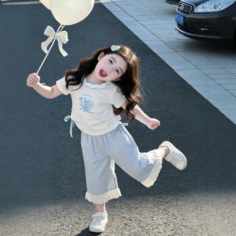 女童套装2026夏季新款儿童娃娃领兔子印花短袖宝宝时髦花边格子裤