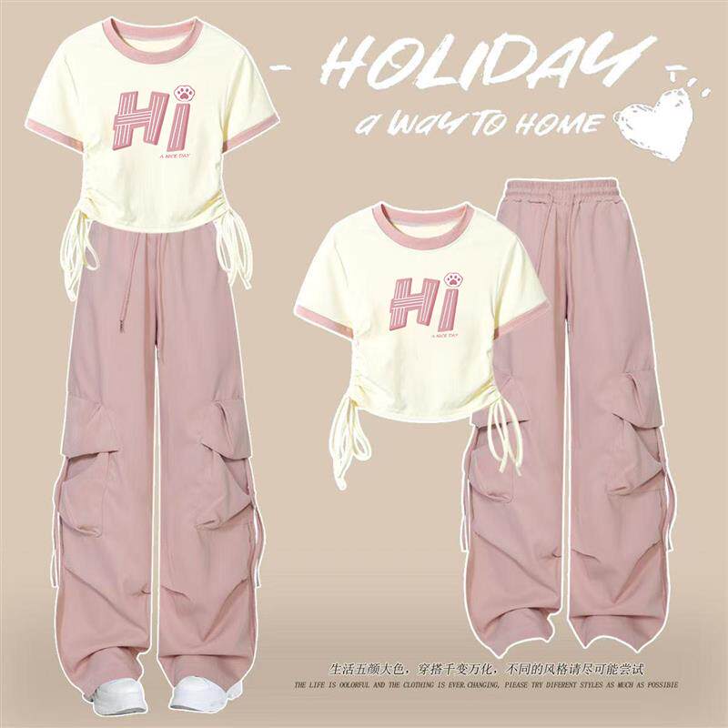 少女套装女童新款夏装时尚8-18岁T恤初中女学生高腰工装裤两件套