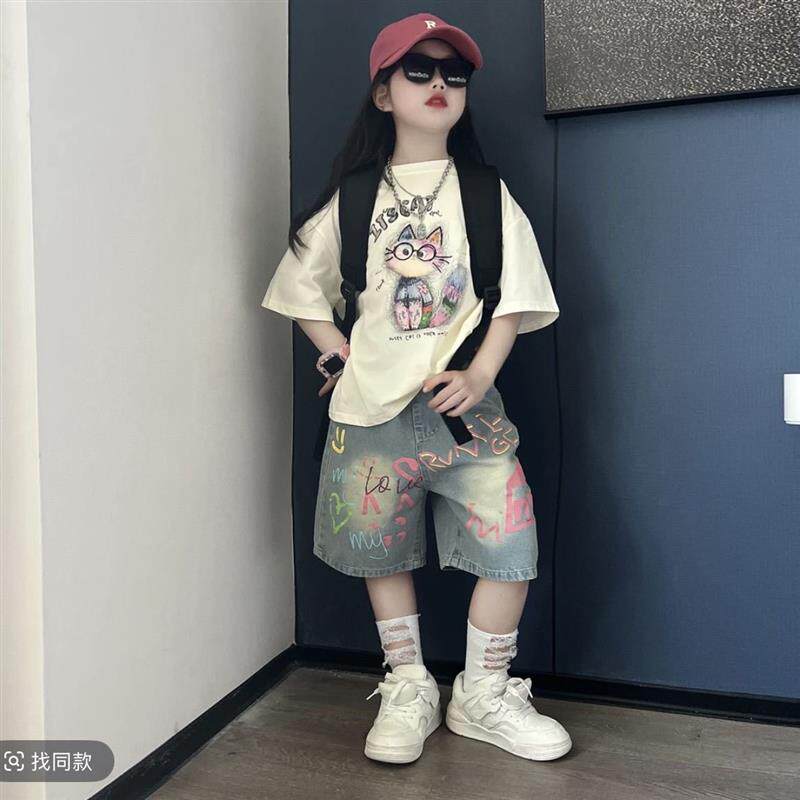 女童夏季套装2025新款中大童休闲短袖纯棉T恤牛仔中裤夏装两件式