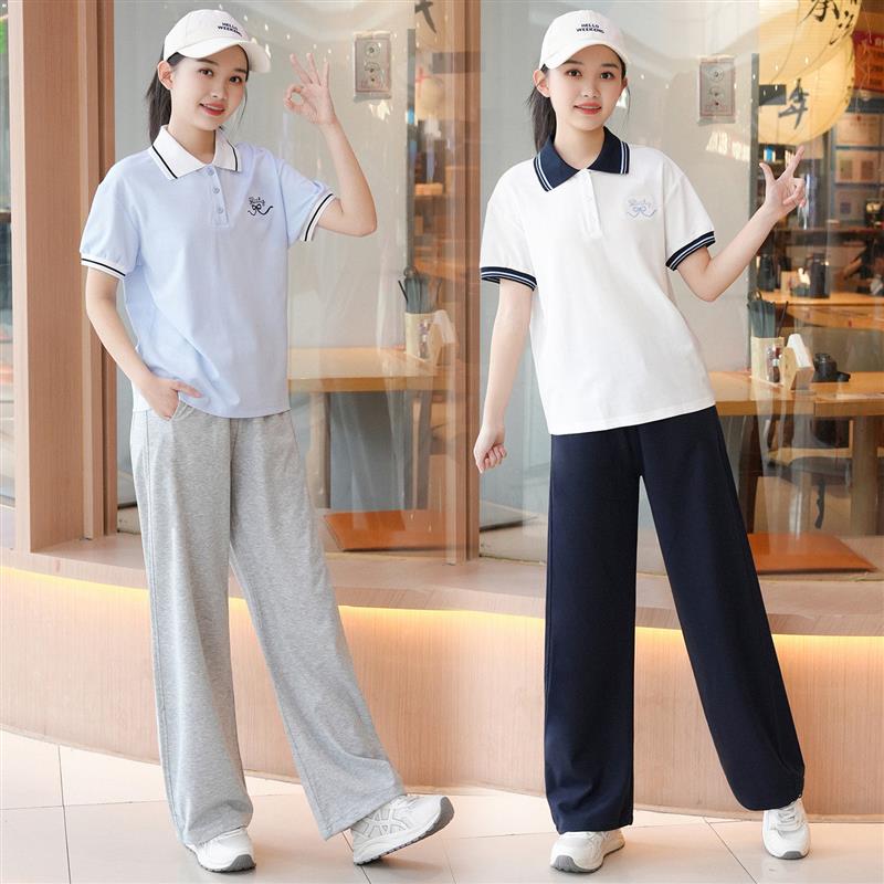 女童夏季套装型宽青少年初高中生女孩休闲翻领T恤运动裤洋派套装
