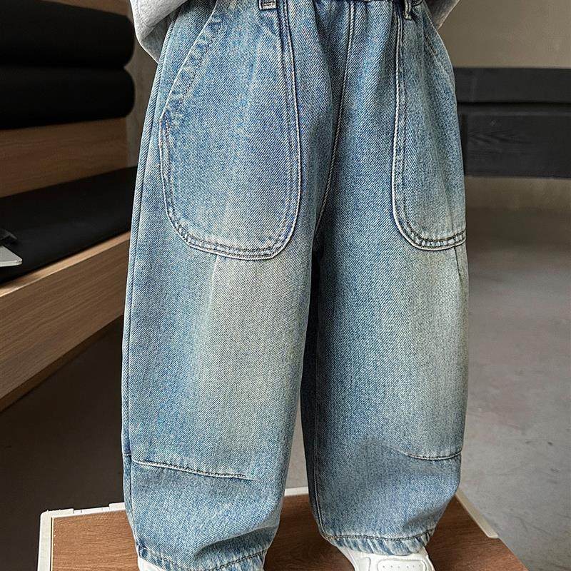 男童加绒牛仔裤子2025秋冬装新款儿童韩版宽松直筒裤宝宝冬季长裤