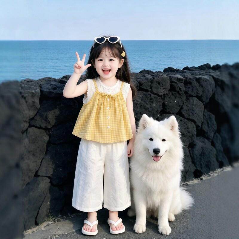 女童套装2026夏季新款儿童假两件格子背心女宝宝时髦白色宽裤