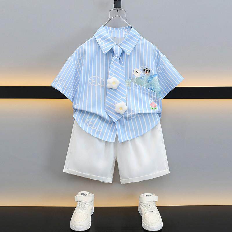 男童套装夏季宝宝童装学院风班服演出服新款儿童短袖衬衫三件套潮