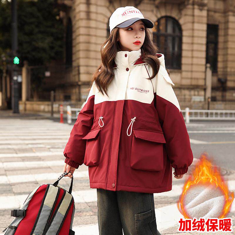 女童冬装加绒加厚派克服棉服2023新款中大童洋气冬季女孩拼色棉衣
