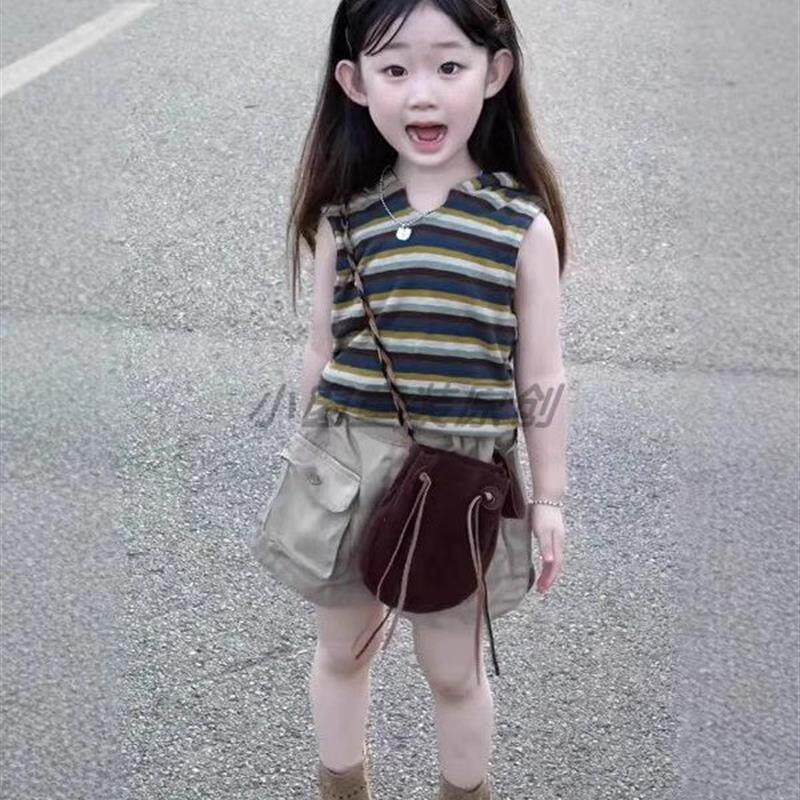 女童夏季炸街套装2025新款儿童宝宝洋气覆古条纹连帽背心工装短裤