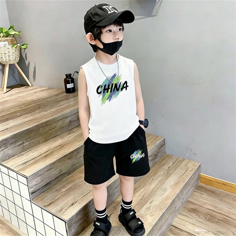 男童夏装无袖套装2026新款儿童运动背心纯棉夏季男孩短裤两件套潮