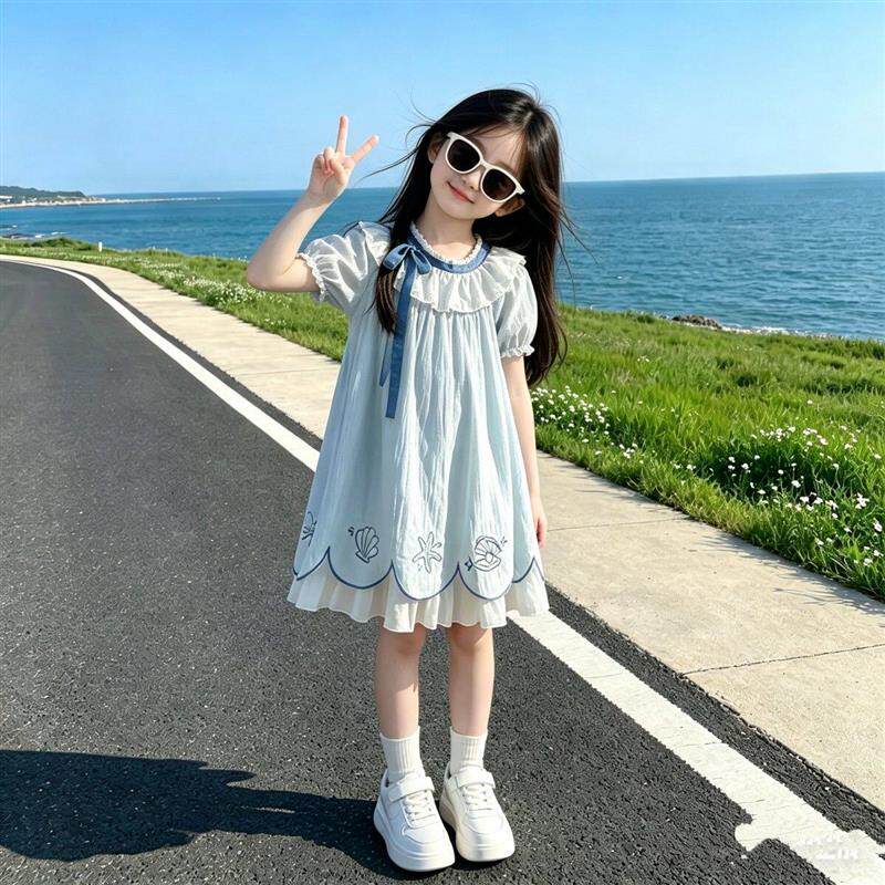 女童夏装洋装2026新款韩版儿童短袖公主裙小女孩贝壳绣花边裙子