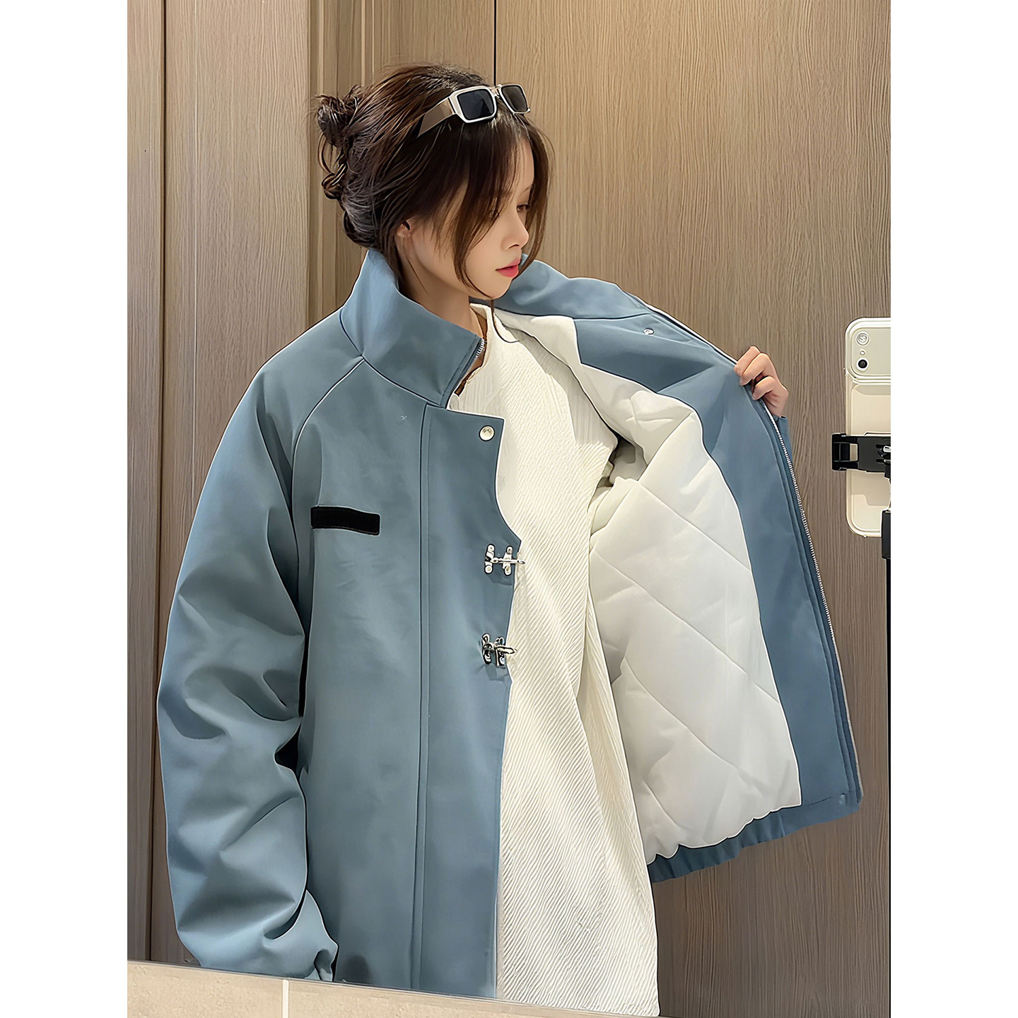 哑光蓝扎染皮衣棉服男女