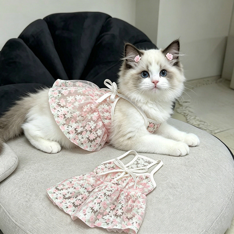 夏季薄款宠物刺绣公主裙吊带背心小型犬比熊猫咪狗狗连身衣服