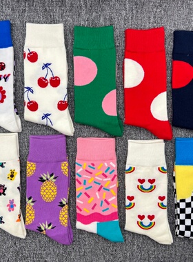 happysocks袜子女士纯棉中筒袜瑞典潮牌HS百搭四季款嗨皮彩色袜子