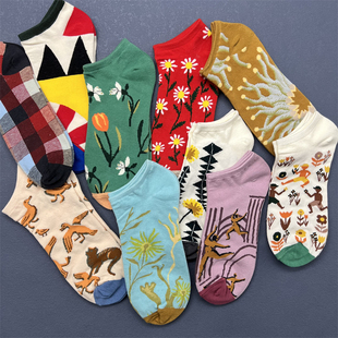 小众袜子法国潮牌女士短袜春夏文艺风格 彩色袜趣味油画系纯棉船袜